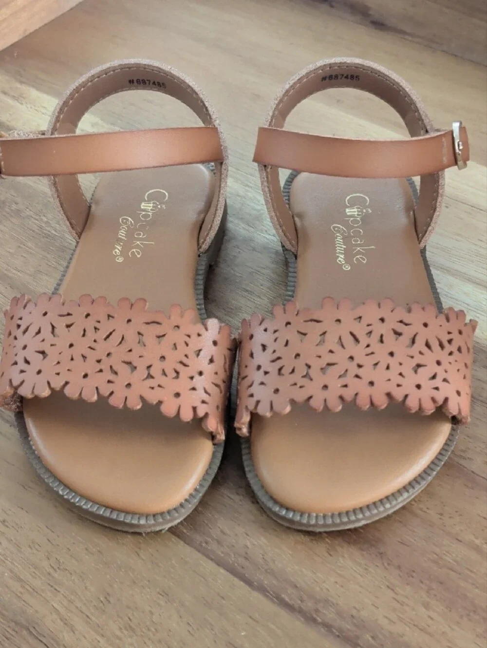 Cupcake Couture Floral Laser-Cut Slingback Sandals in Tan